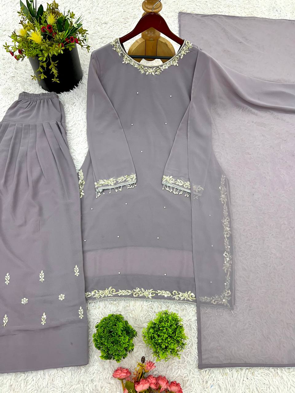Grey Designer Faux Georgette Embroidery Top Farshi Pant and Dupatta