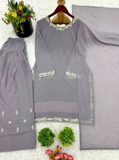Grey Designer Faux Georgette Embroidery Top Farshi Pant and Dupatta