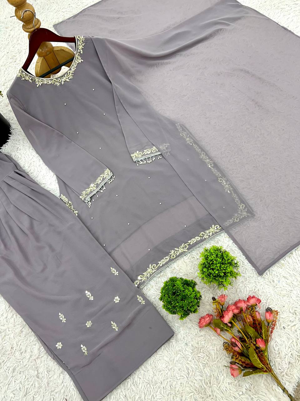 Grey Designer Faux Georgette Embroidery Top Farshi Pant and Dupatta
