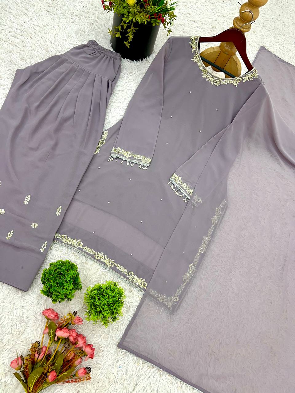 Grey Designer Faux Georgette Embroidery Top Farshi Pant and Dupatta