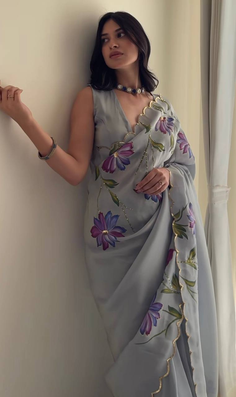 Grey Soft Tebi Silk Print Saree with Val Moti Sequins Handwork Border