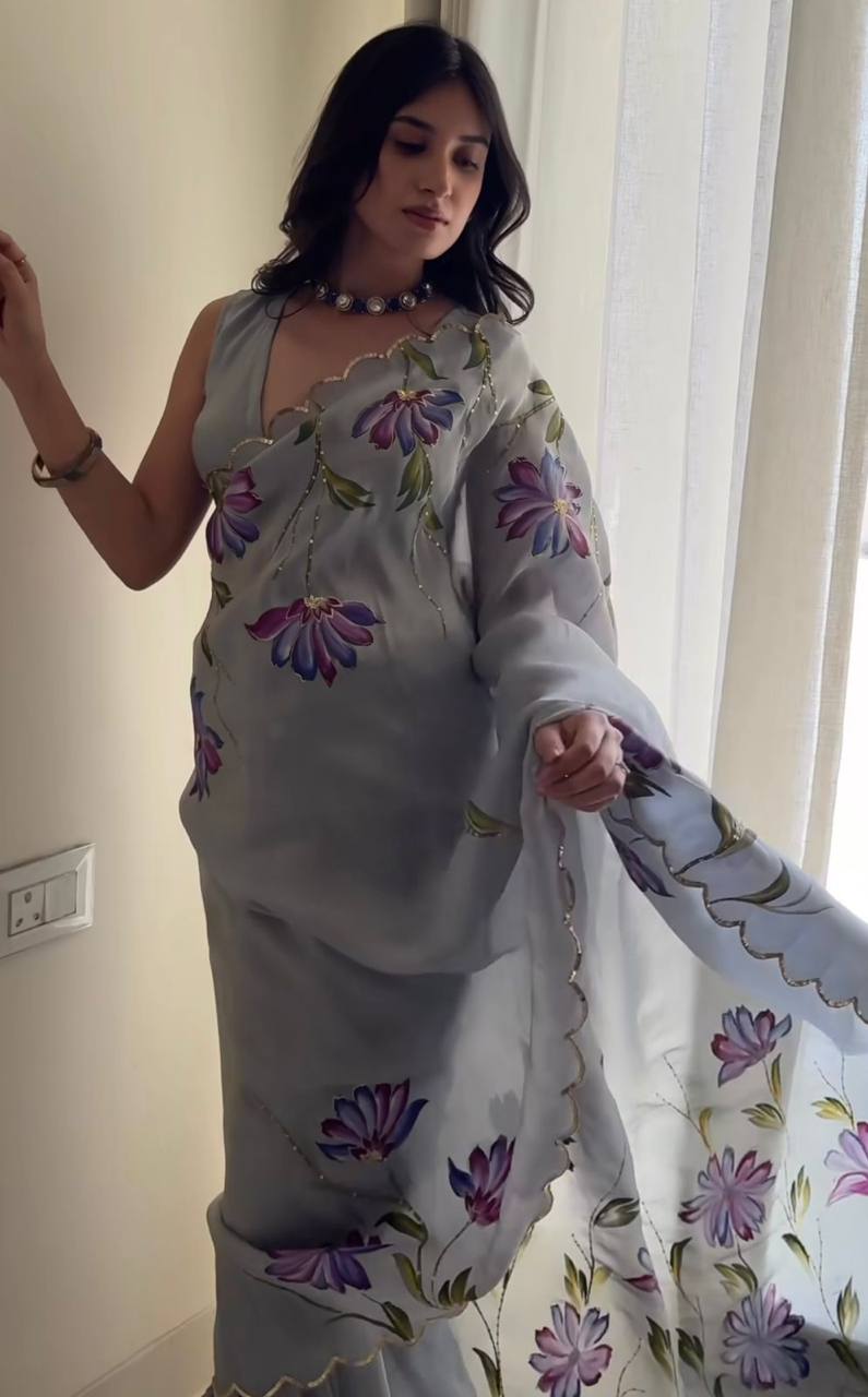 Grey Soft Tebi Silk Print Saree with Val Moti Sequins Handwork Border