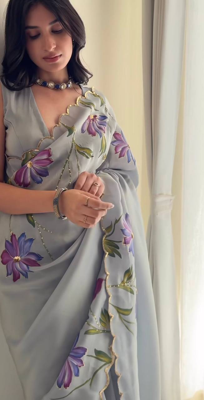 Grey Soft Tebi Silk Print Saree with Val Moti Sequins Handwork Border