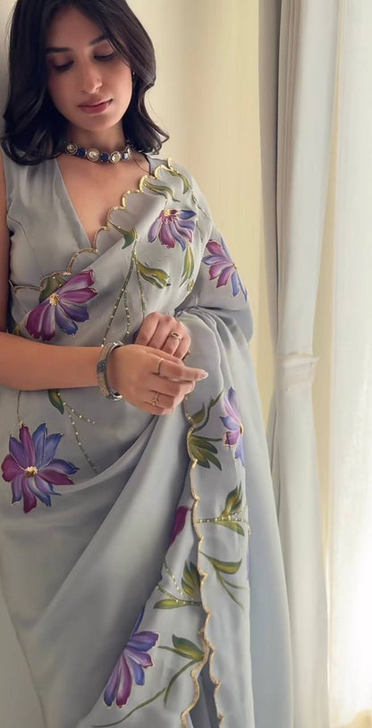 Grey Soft Tebi Silk Print Saree with Val Moti Sequins Handwork Border