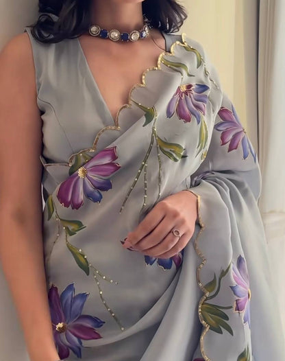 Grey Soft Tebi Silk Print Saree with Val Moti Sequins Handwork Border