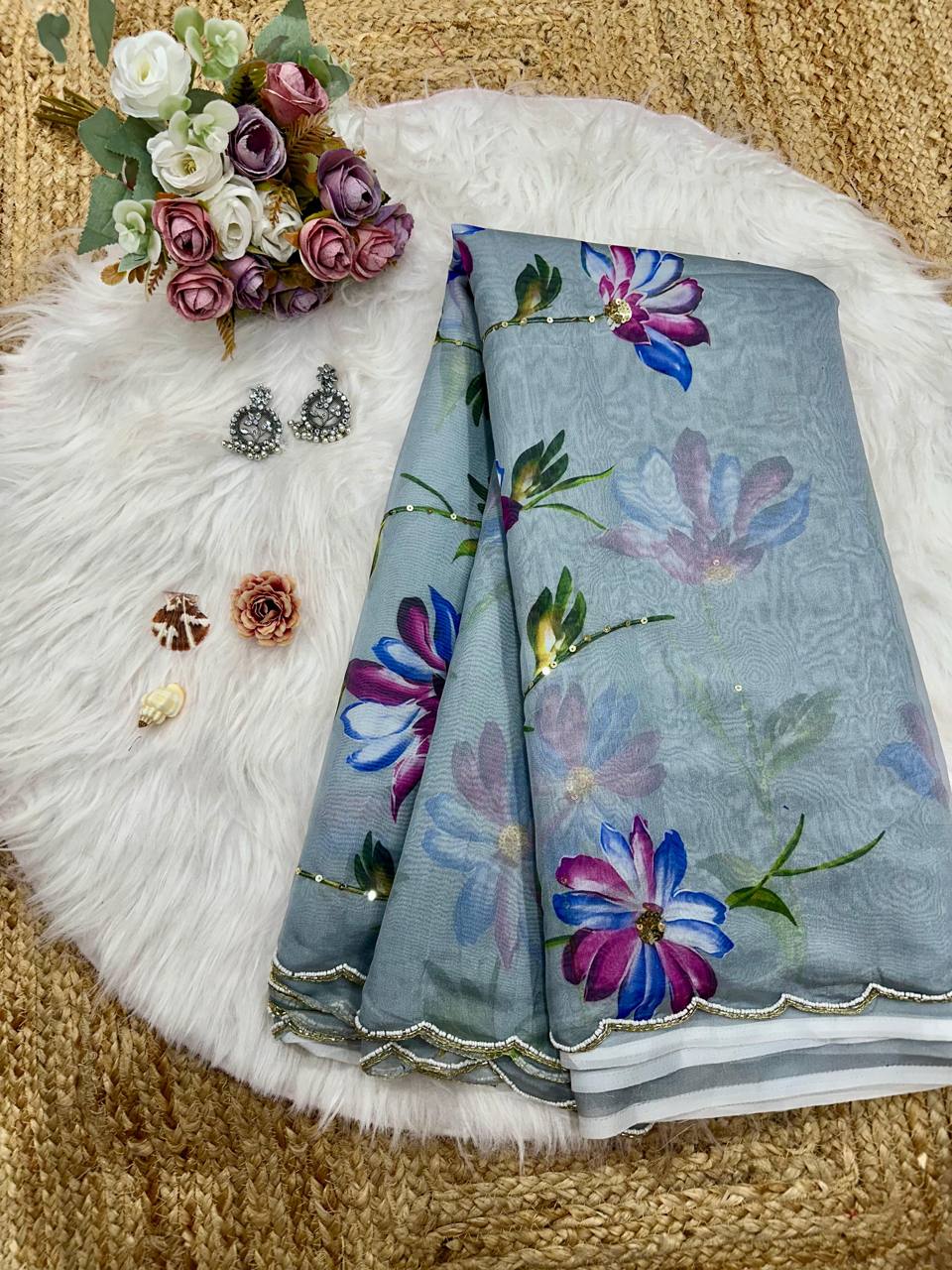 Grey Soft Tebi Silk Print Saree with Val Moti Sequins Handwork Border
