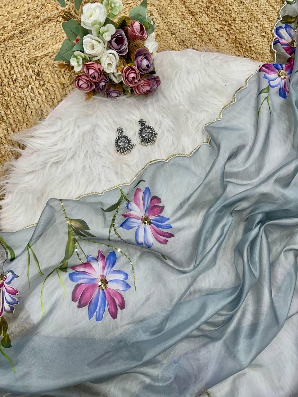 Grey Soft Tebi Silk Print Saree with Val Moti Sequins Handwork Border