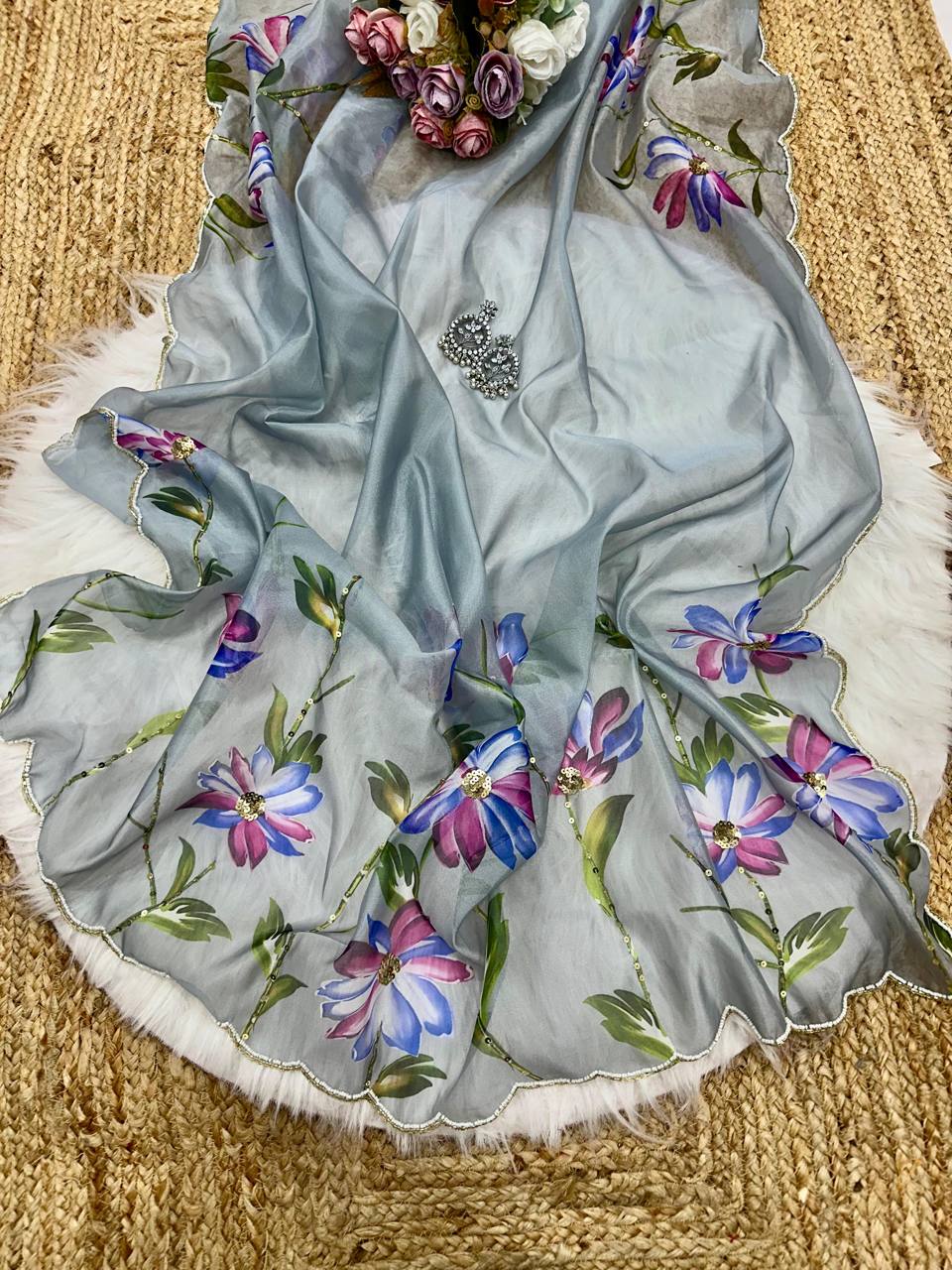 Grey Soft Tebi Silk Print Saree with Val Moti Sequins Handwork Border