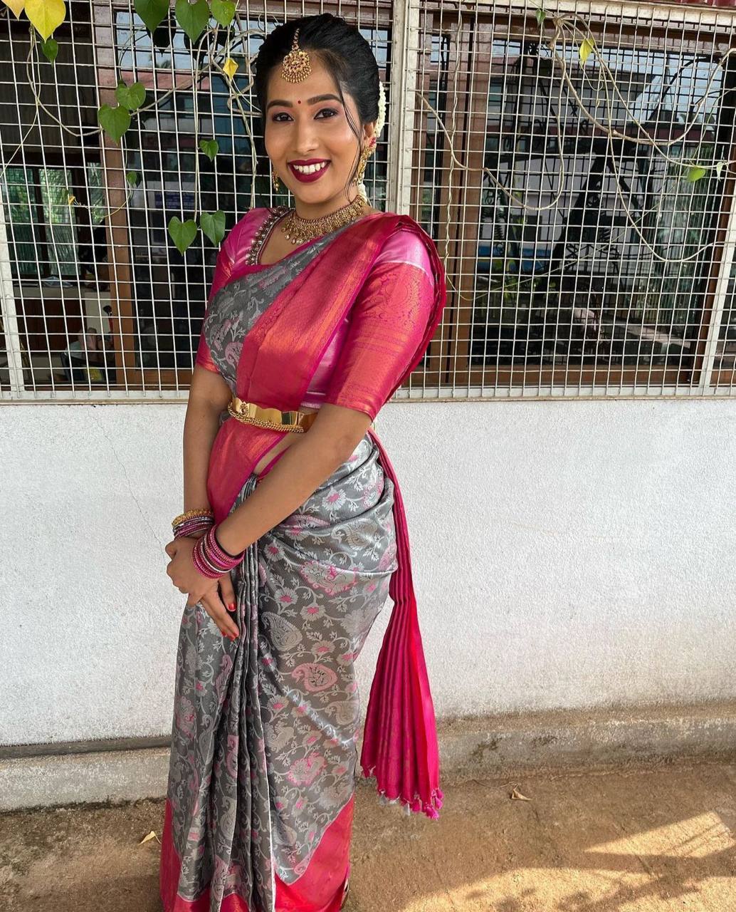 Grey Traditional Kanchipuram Silk Saree with Weaving Design Border Blouse