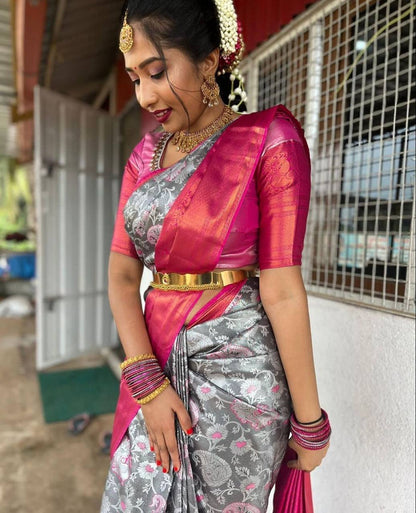 Grey Traditional Kanchipuram Silk Saree with Weaving Design Border Blouse