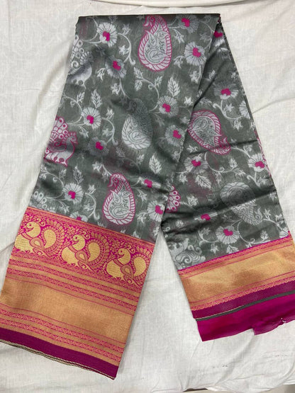 Grey Traditional Kanchipuram Silk Saree with Weaving Design Border Blouse