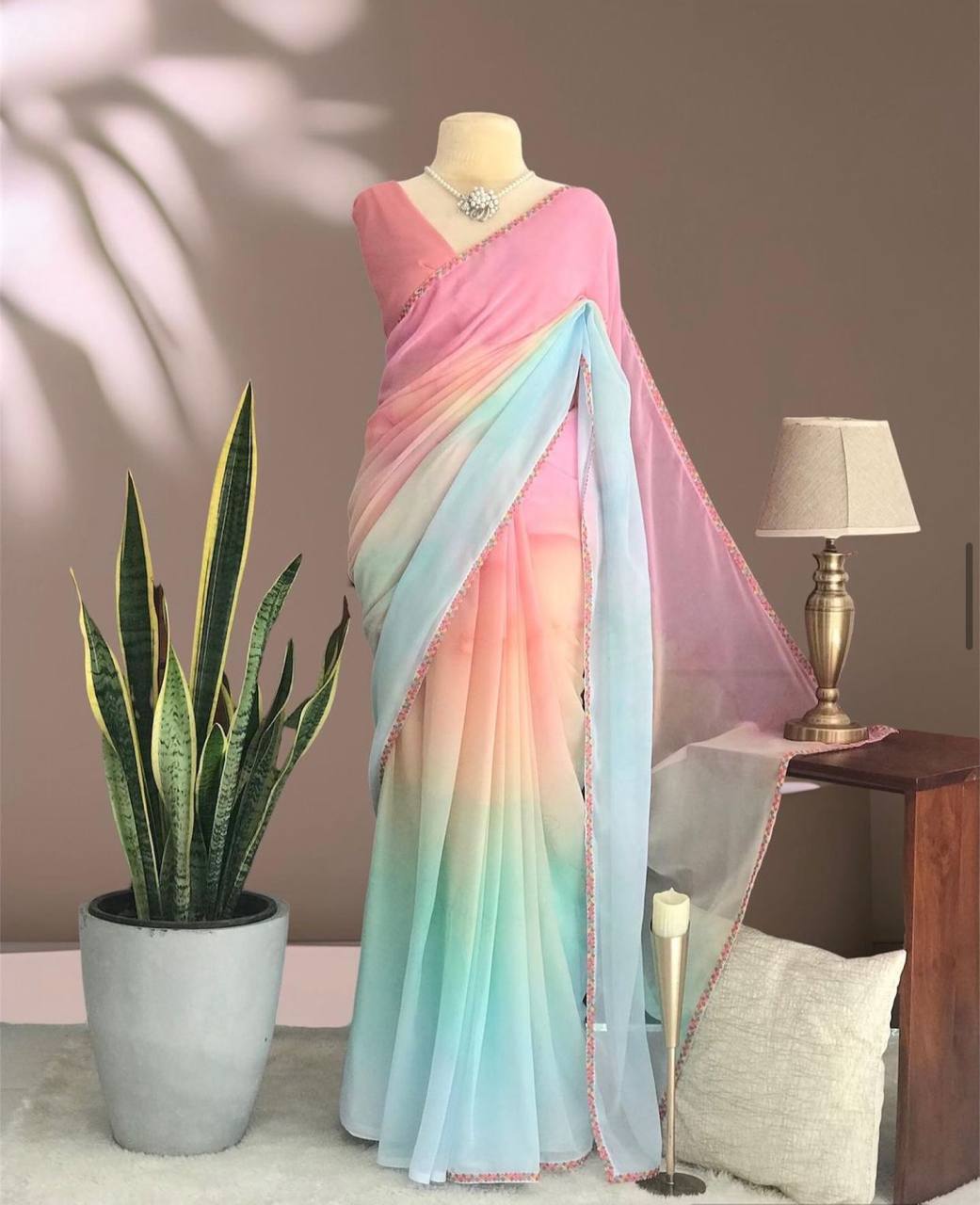 Holi Special Colorful Georgette Saree with Lace Border & Running Blouse