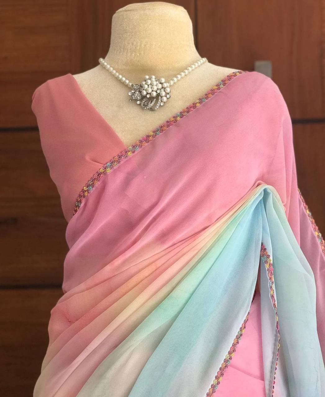 Holi Special Colorful Georgette Saree with Lace Border & Running Blouse