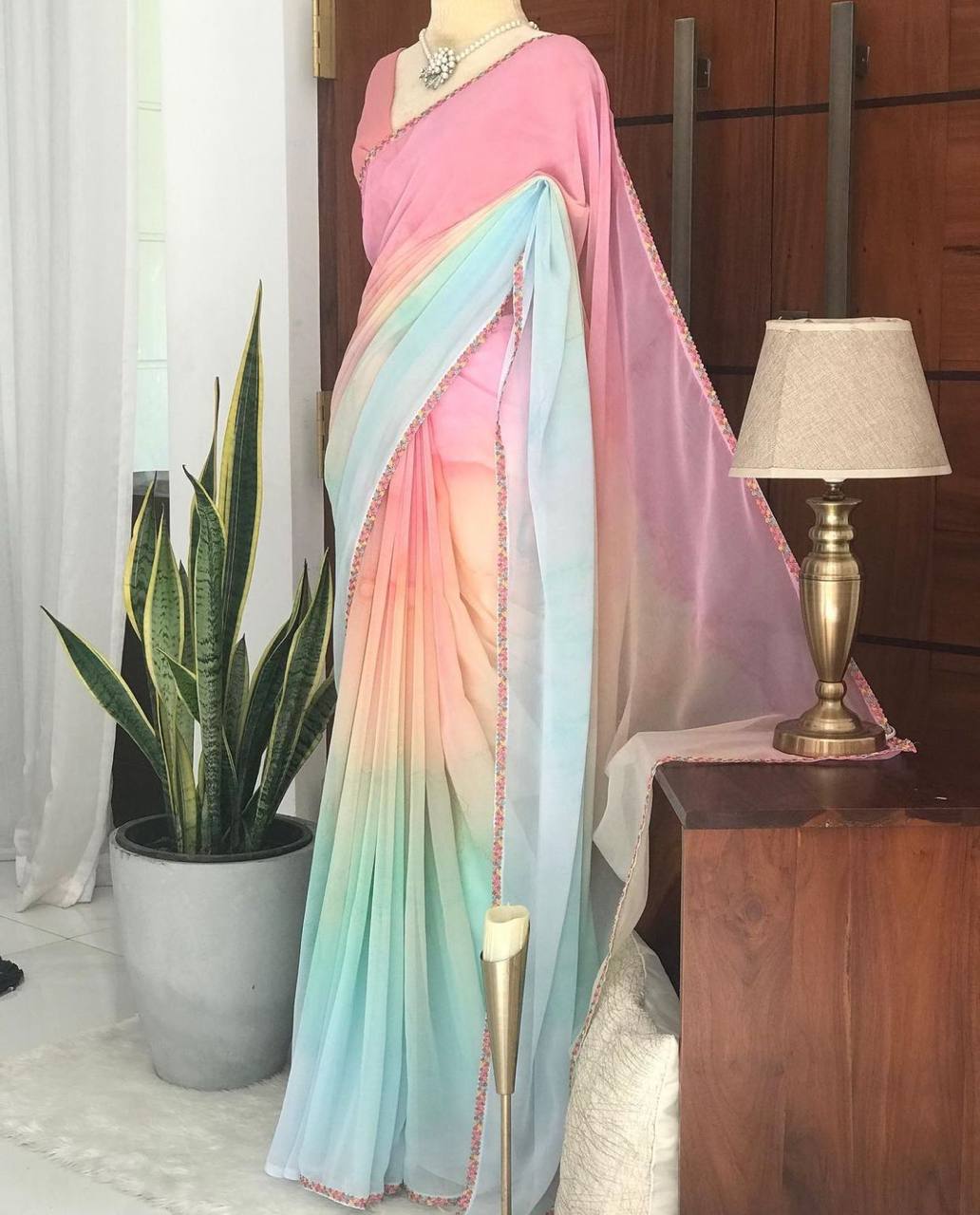 Holi Special Colorful Georgette Saree with Lace Border & Running Blouse