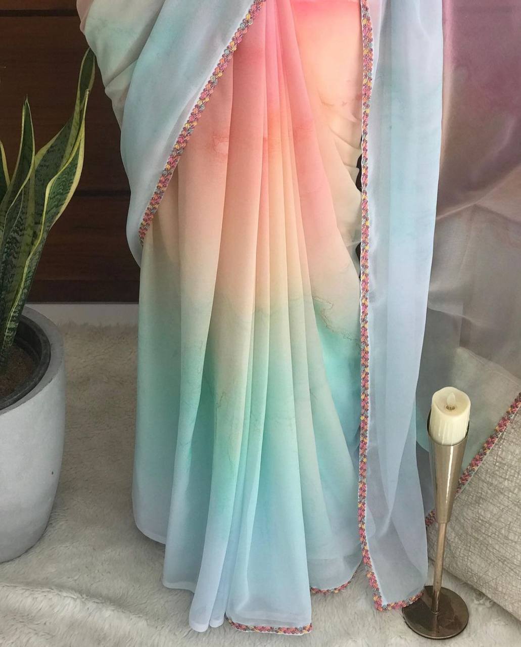 Holi Special Colorful Georgette Saree with Lace Border & Running Blouse