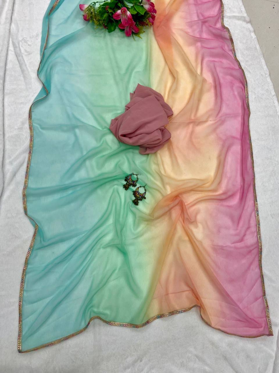 Holi Special Colorful Georgette Saree with Lace Border & Running Blouse