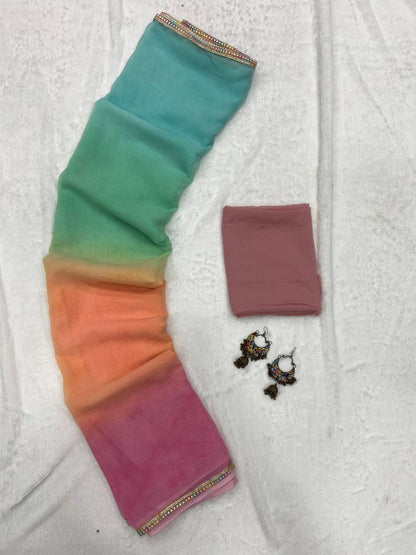 Holi Special Colorful Georgette Saree with Lace Border & Running Blouse