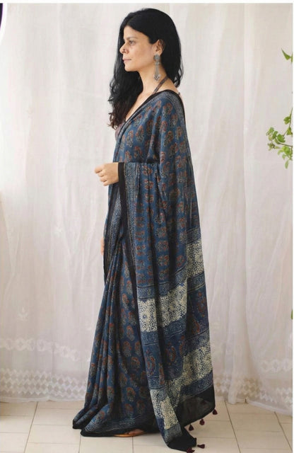 Indigo Blue Mulmul Cotton Digital Print Saree with Banglori Blouse