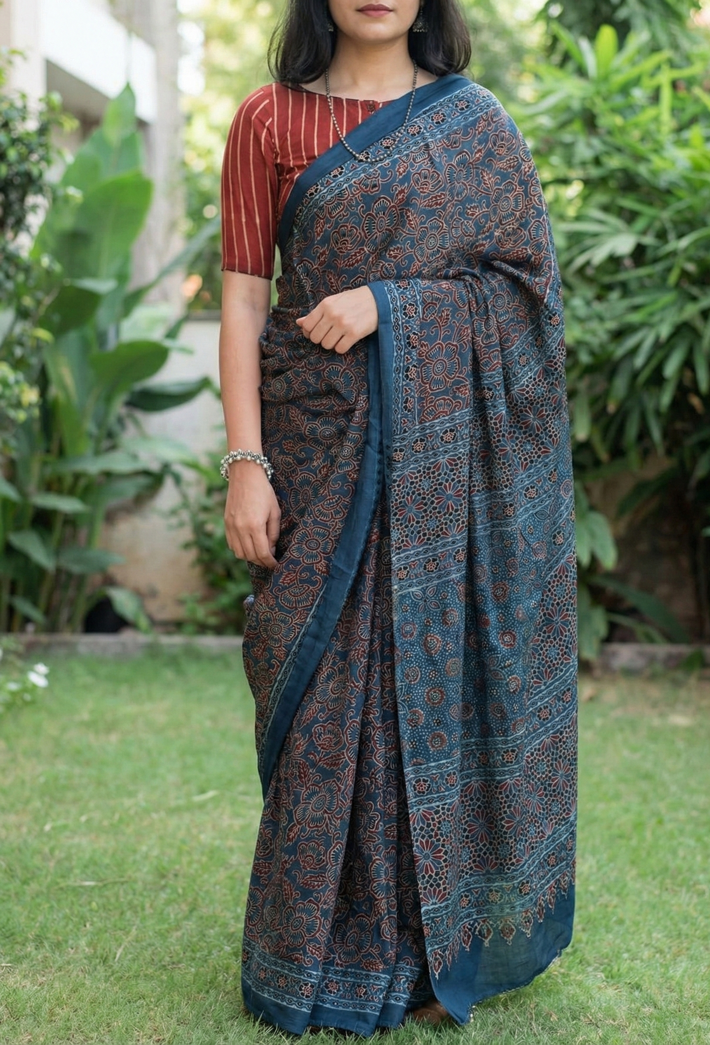 Indigo Blue Mulmul Cotton Digital Print Saree with Banglori Blouse