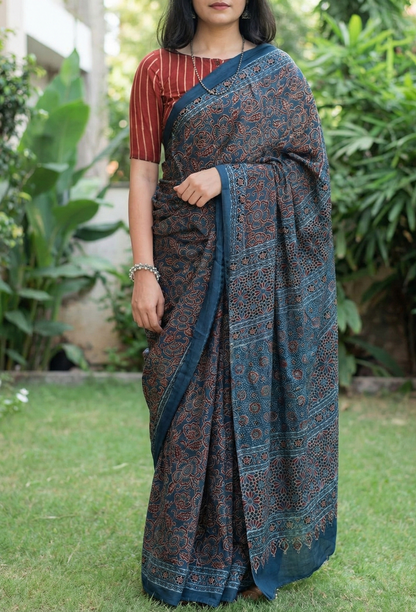 Indigo Blue Mulmul Cotton Digital Print Saree with Banglori Blouse