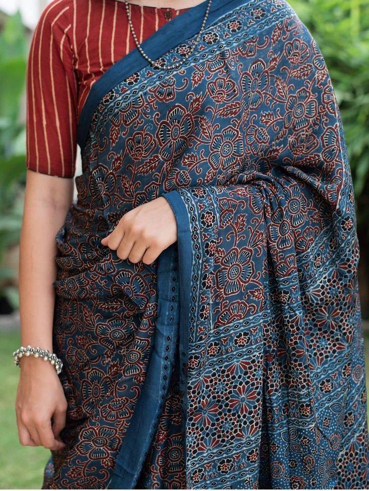 Indigo Blue Mulmul Cotton Digital Print Saree with Banglori Blouse