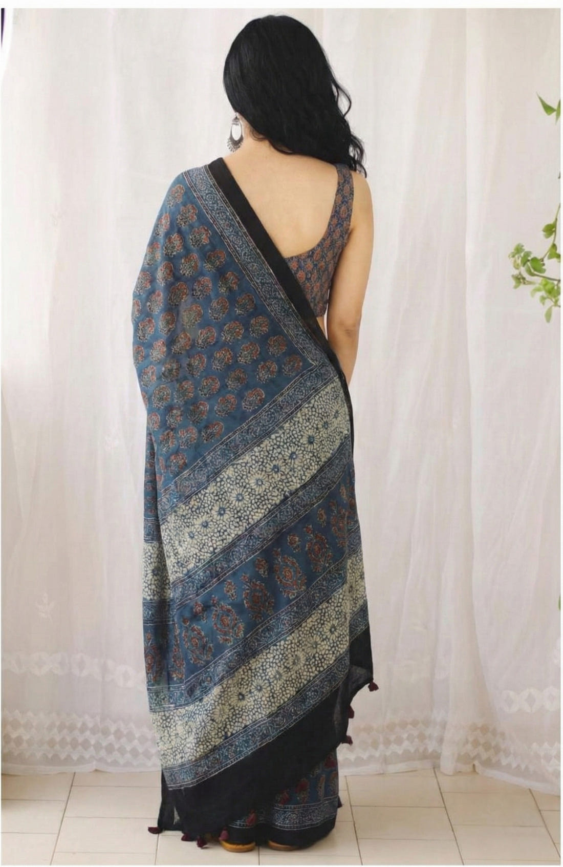Indigo Blue Mulmul Cotton Digital Print Saree with Banglori Blouse