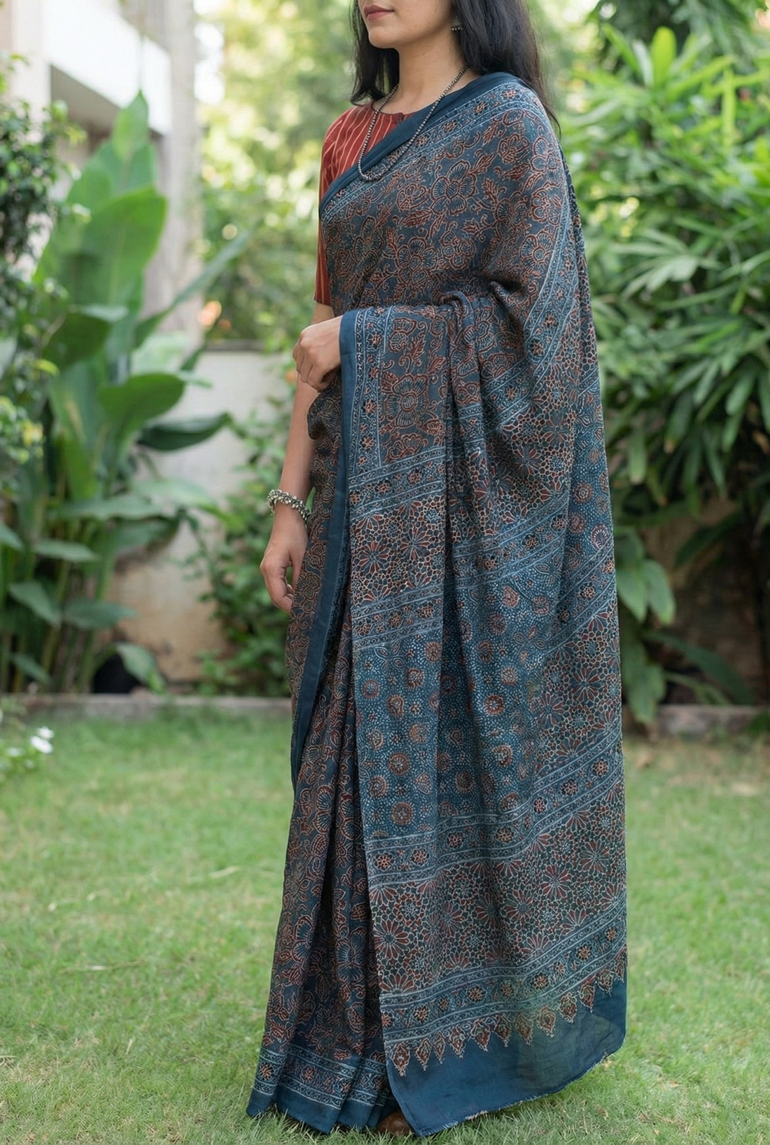Indigo Blue Mulmul Cotton Digital Print Saree with Banglori Blouse