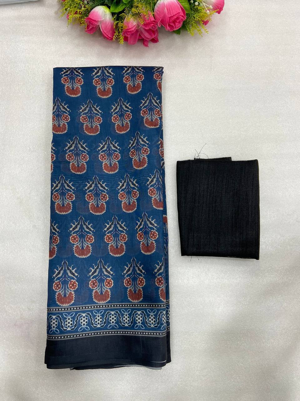 Indigo Blue Mulmul Cotton Digital Print Saree with Banglori Blouse
