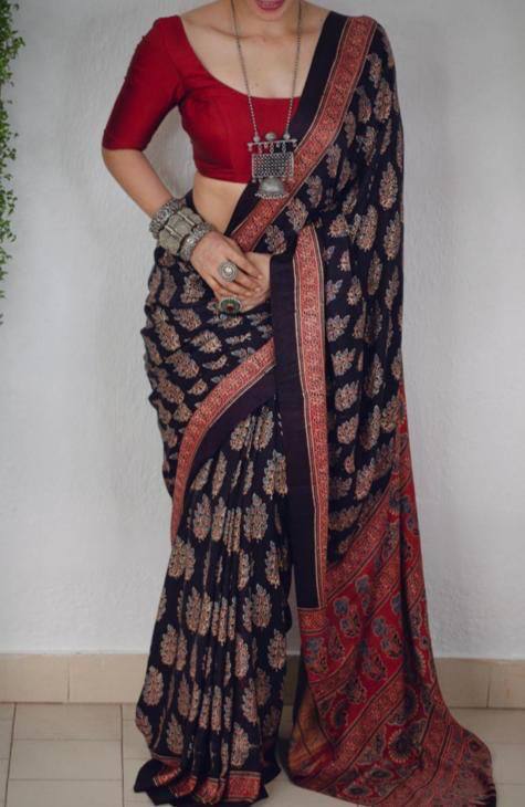 Indigo Blue Soft Mulmul Cotton Digital Print Saree with Banglori Blouse