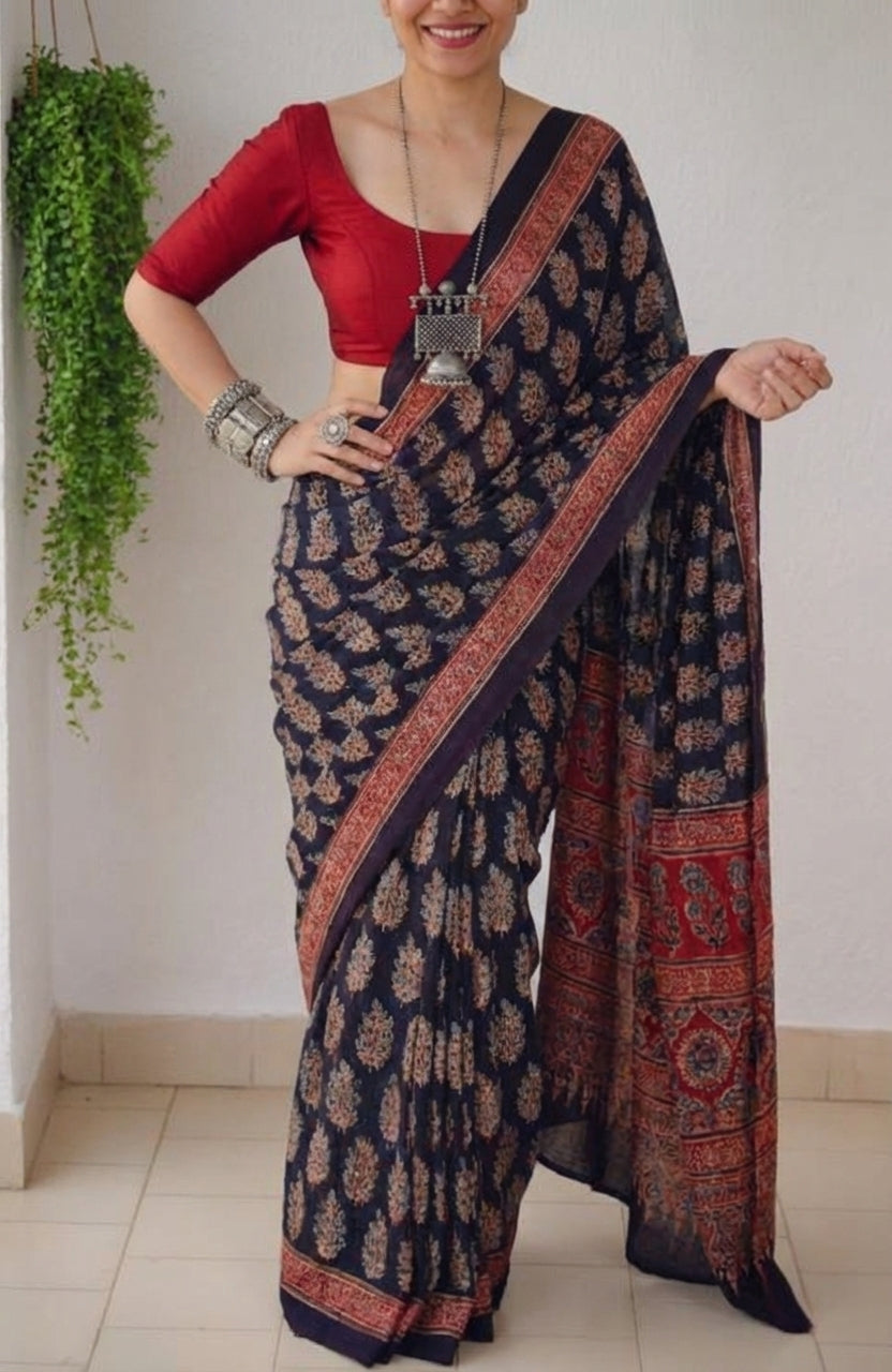 Indigo Blue Soft Mulmul Cotton Digital Print Saree with Banglori Blouse