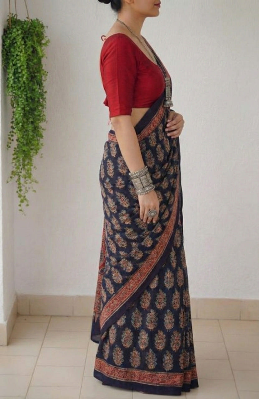 Indigo Blue Soft Mulmul Cotton Digital Print Saree with Banglori Blouse