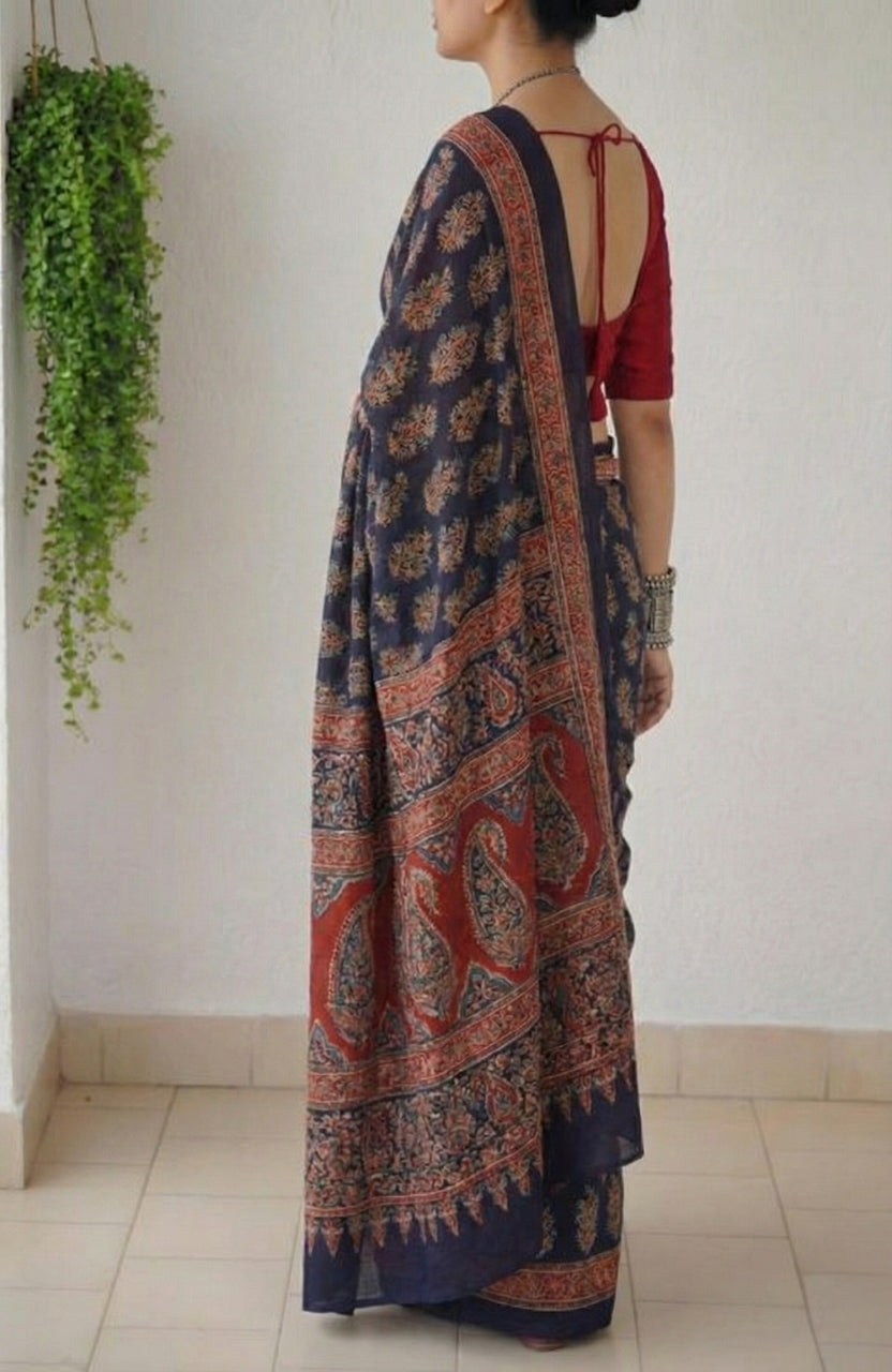 Indigo Blue Soft Mulmul Cotton Digital Print Saree with Banglori Blouse