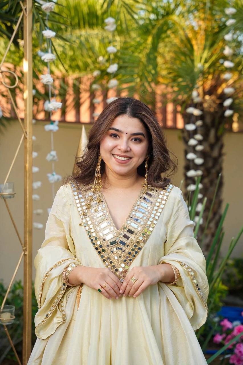 Ivory White Designer Cosmos Jari Silk Mirror Sharara Suit and Dupatta