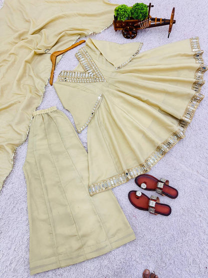 Ivory White Designer Cosmos Jari Silk Mirror Sharara Suit and Dupatta