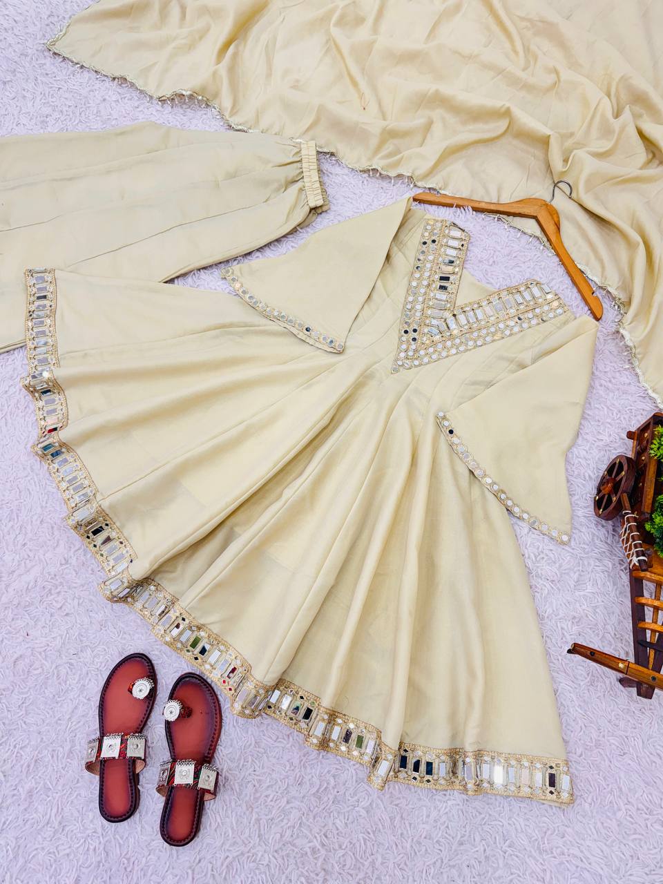 Ivory White Designer Cosmos Jari Silk Mirror Sharara Suit and Dupatta
