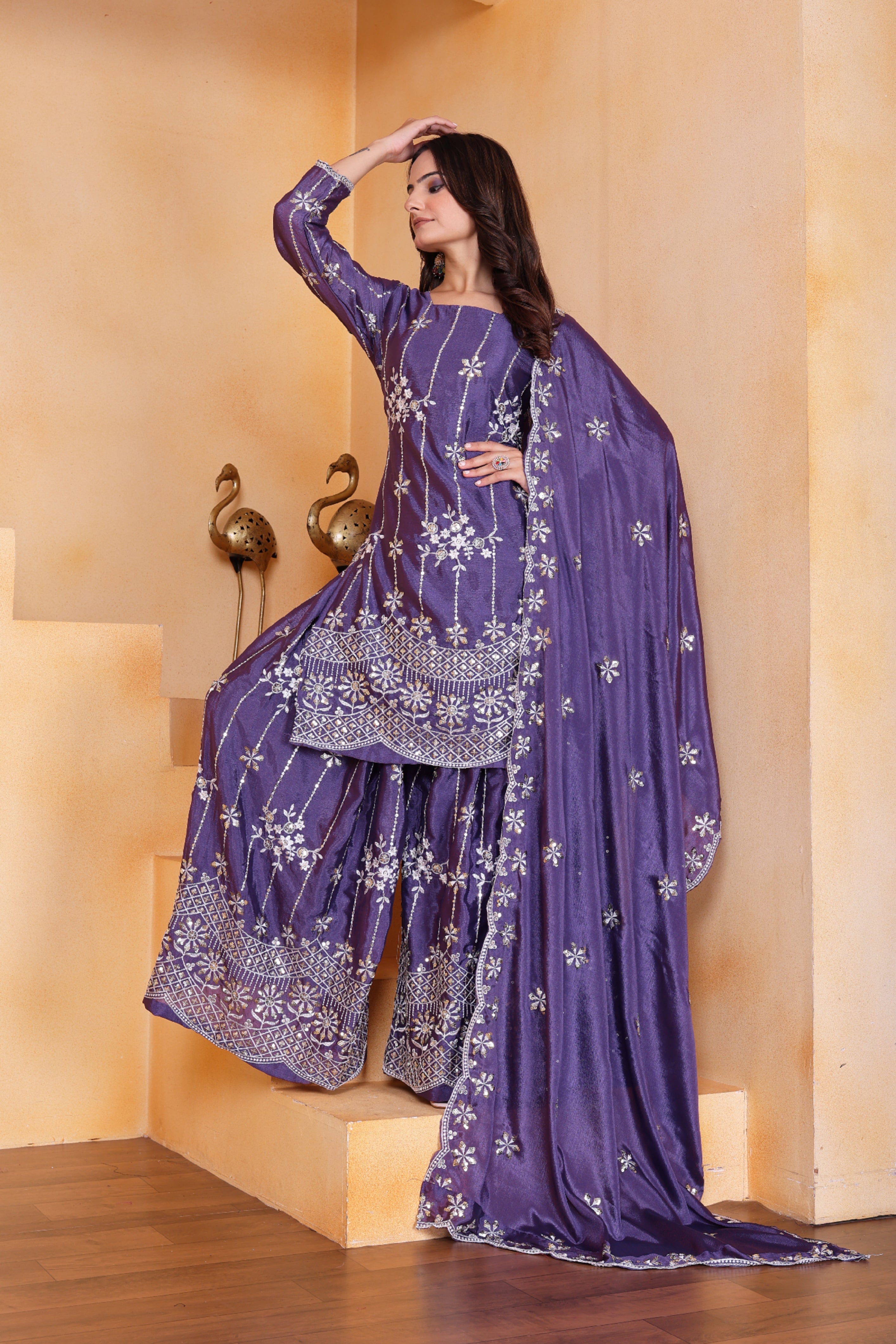 lavender chinon dupatta paired with embroidered sharara set