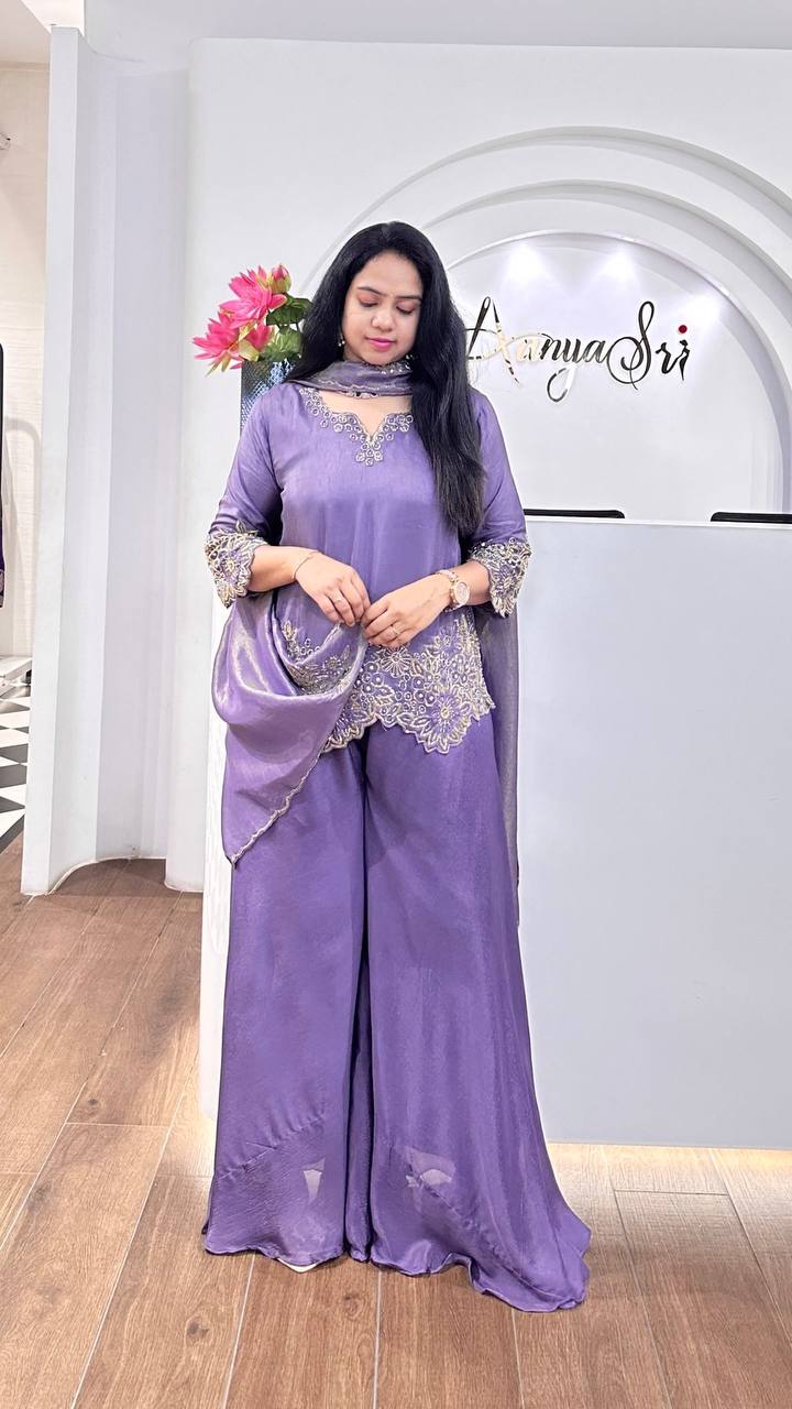 Lavender Designer Faux Georgette Embroidery Palazzo Top and Dupatta