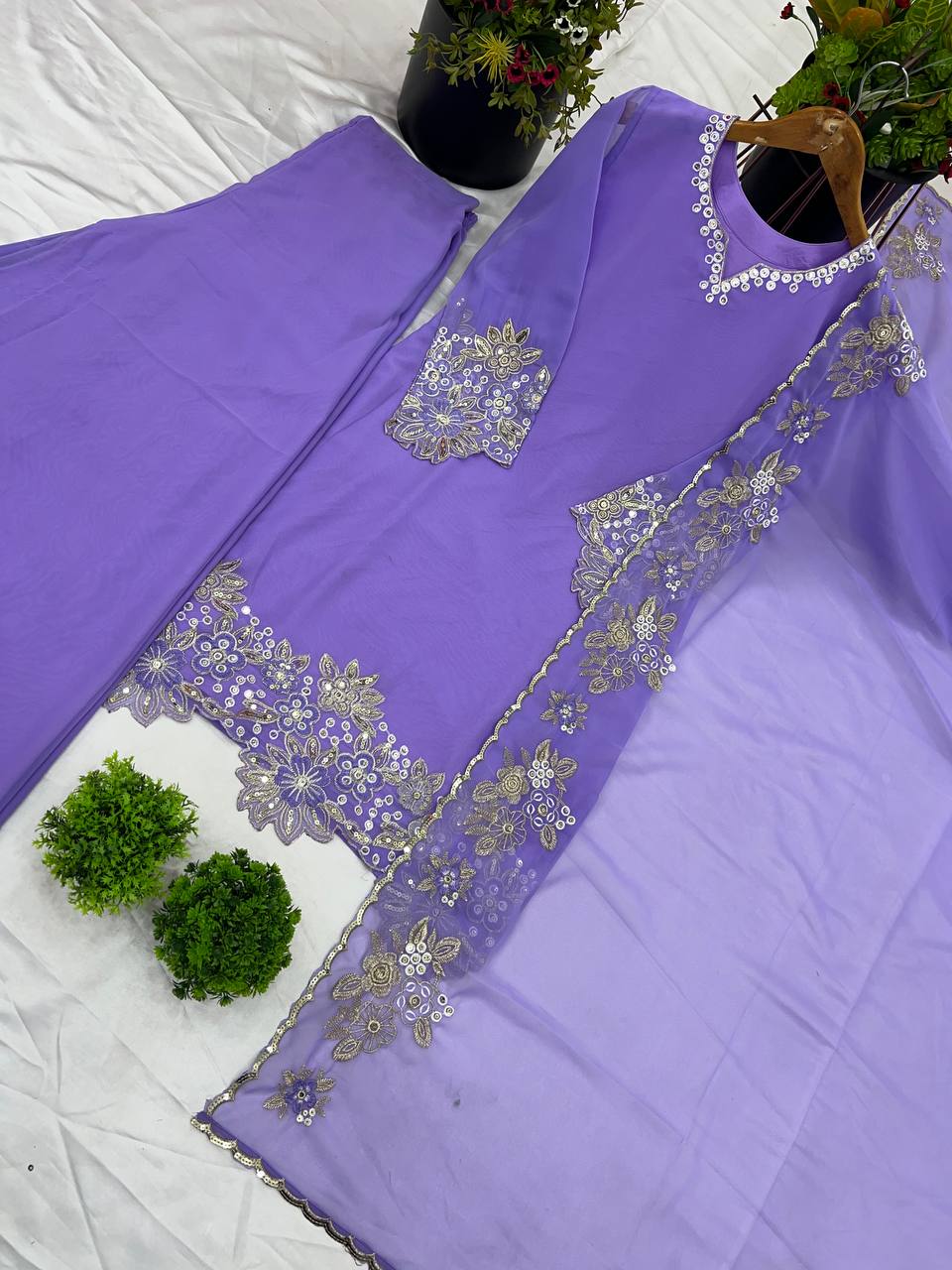 Lavender Designer Faux Georgette Embroidery Palazzo Top and Dupatta