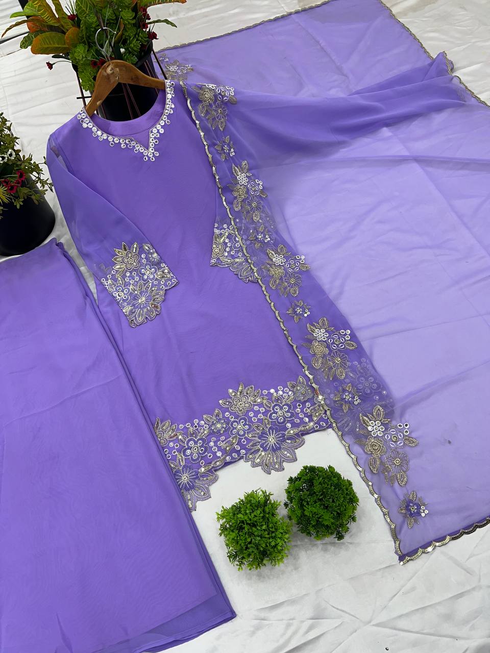 Lavender Designer Faux Georgette Embroidery Palazzo Top and Dupatta