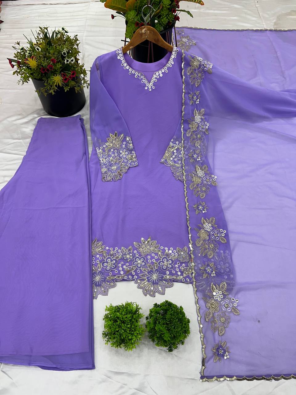 Lavender Designer Faux Georgette Embroidery Palazzo Top and Dupatta