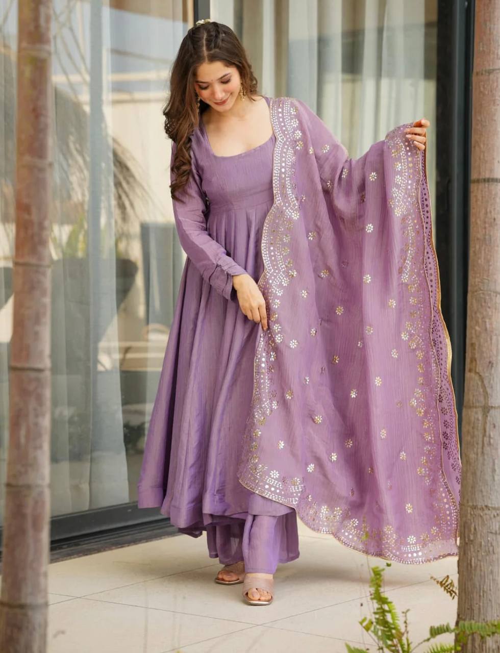 Lavender Designer Heavy Fandy Silk Gown with Dupatta For Party Wear