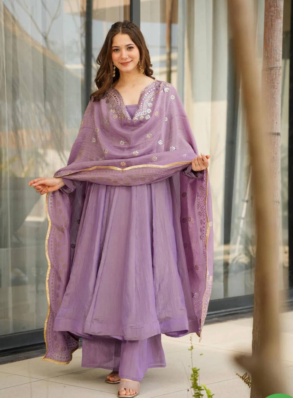 Lavender Designer Heavy Fandy Silk Gown with Dupatta For Party Wear