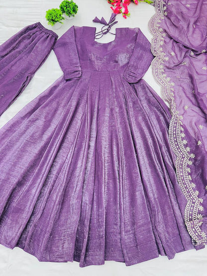 Lavender Designer Heavy Fandy Silk Gown with Dupatta For Party Wear