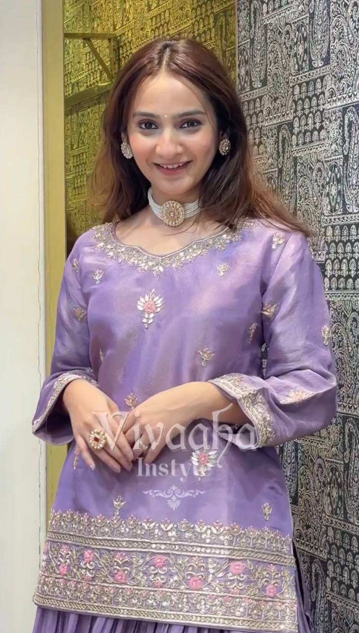 Lavender Designer Jimmy Choo Silk Embroidery Lehenga Top and Dupatta