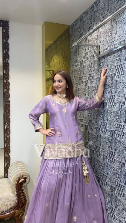 Lavender Designer Jimmy Choo Silk Embroidery Lehenga Top and Dupatta