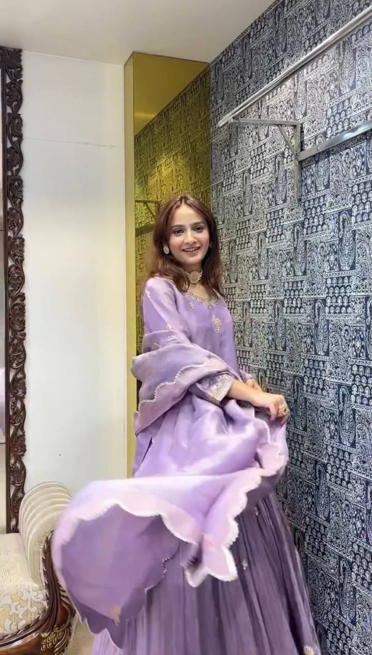 Lavender Designer Jimmy Choo Silk Embroidery Lehenga Top and Dupatta