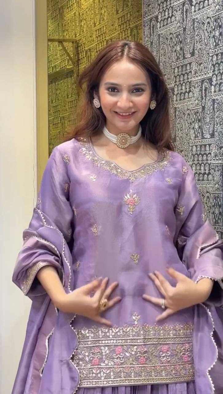 Lavender Designer Jimmy Choo Silk Embroidery Lehenga Top and Dupatta