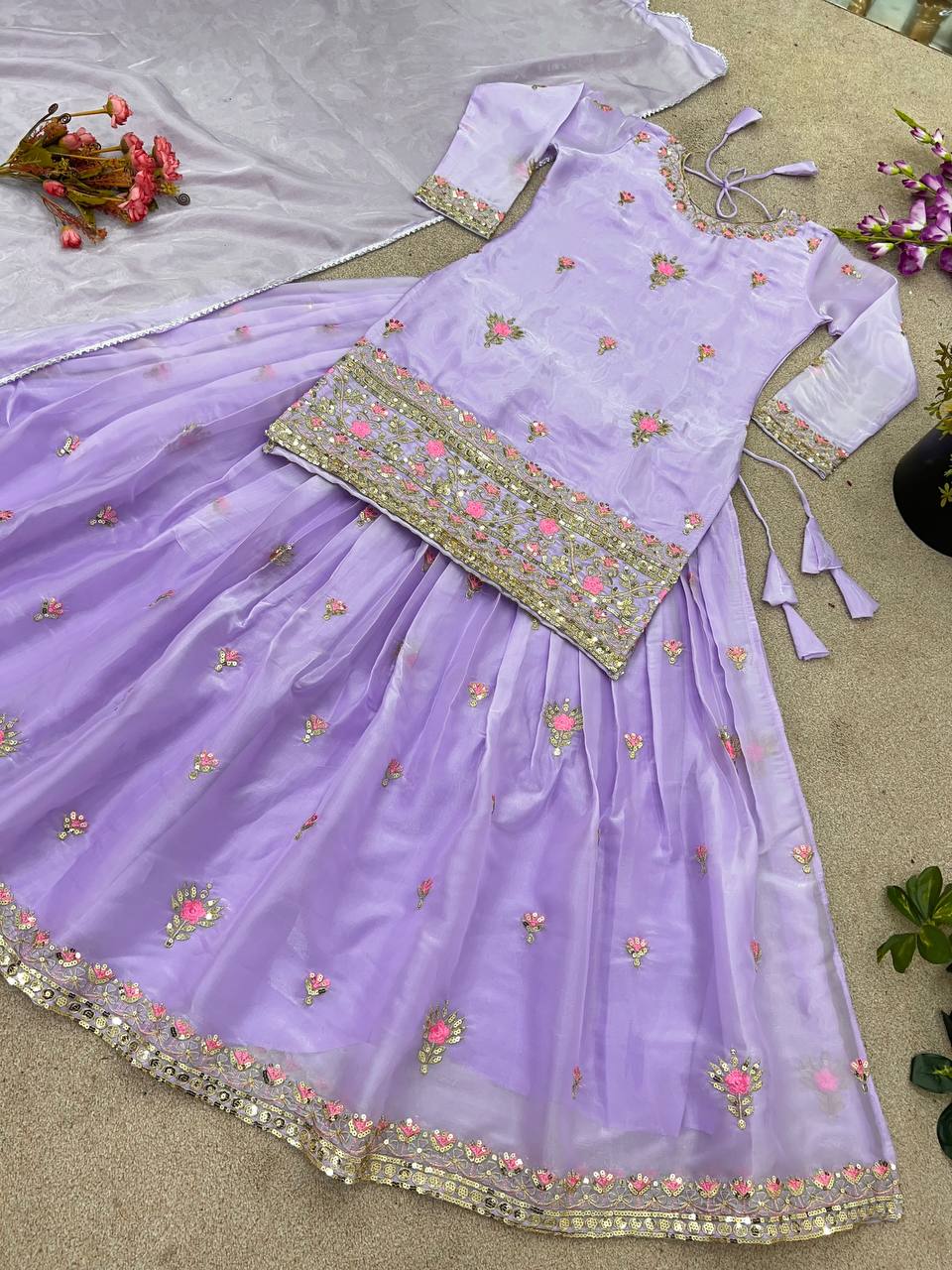 Lavender Designer Jimmy Choo Silk Embroidery Lehenga Top and Dupatta