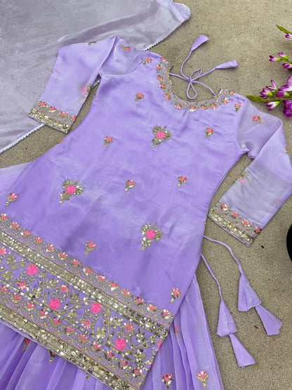 Lavender Designer Jimmy Choo Silk Embroidery Lehenga Top and Dupatta