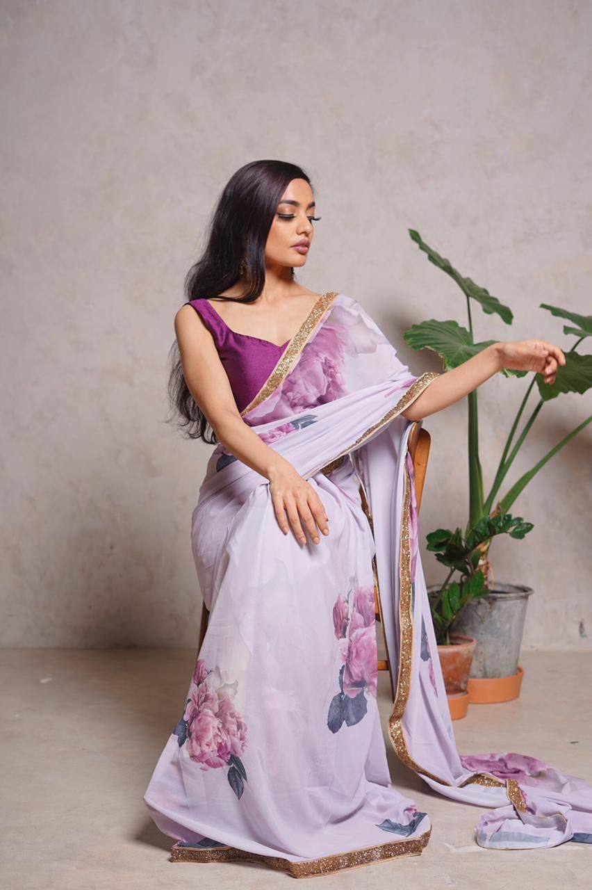 Lavender Digital Print Georgette Saree with Lace Border purple Blouse